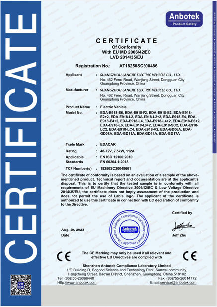 Chine Guangzhou Langjie Electric Vehicle Co., Ltd. certifications