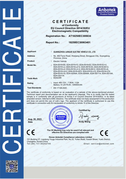 Chine Guangzhou Langjie Electric Vehicle Co., Ltd. certifications